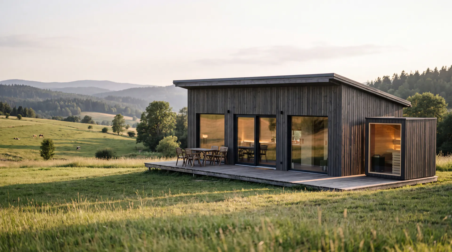 Tiny house NOMA Jakubovice s velkými okny, terasou a saunou, v pozadí louky a kopce